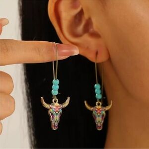 NEW 18k gold plated Cowgirl Steer Skull Horns Enamel Beaded Drop Earrings